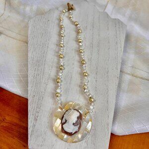 Vintage Mother of Pearl Pearl Necklace, Handmade Pearl Necklace, Vintage Cameo